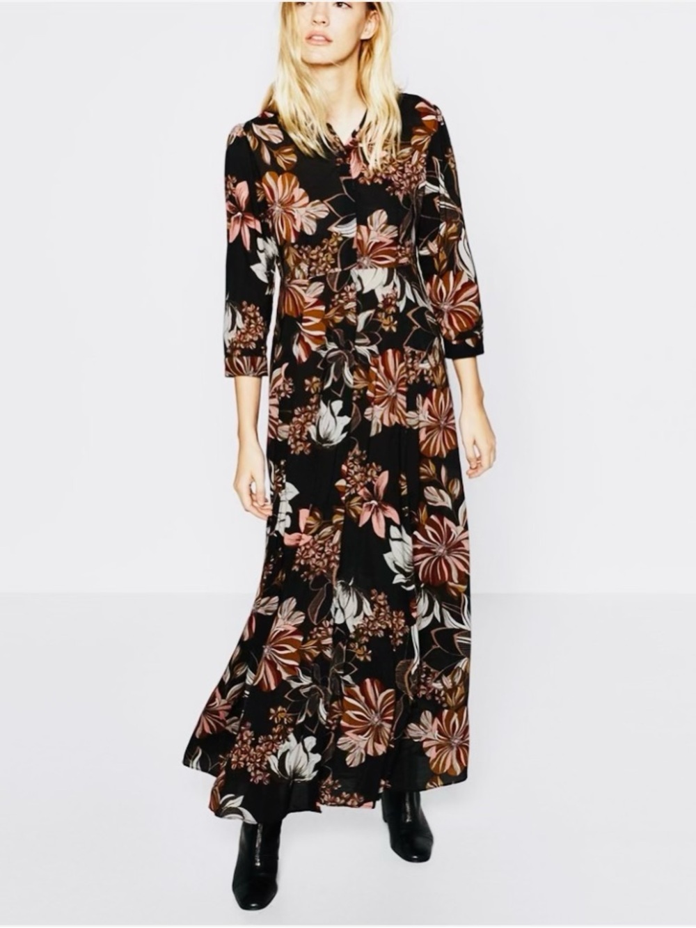 Zara Black Floral Maxi Dress with Rust, Cream and Pink Accents